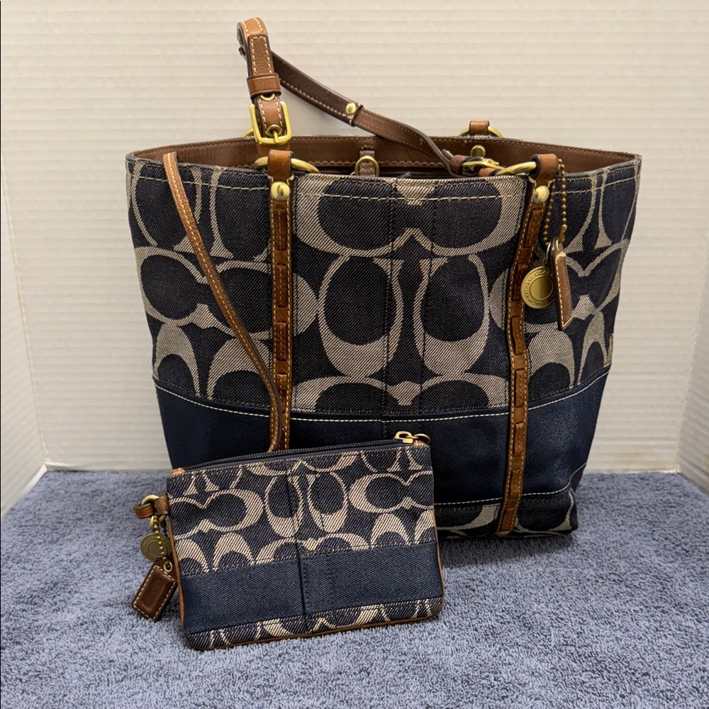 Coach Navy Canvas Signature Tote with Brown Leather Trim & Wristlet